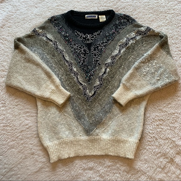 Vintage Sweaters - Vintage Mariea Kim Wool Blend Embellished Mixed Media Textured Sweater